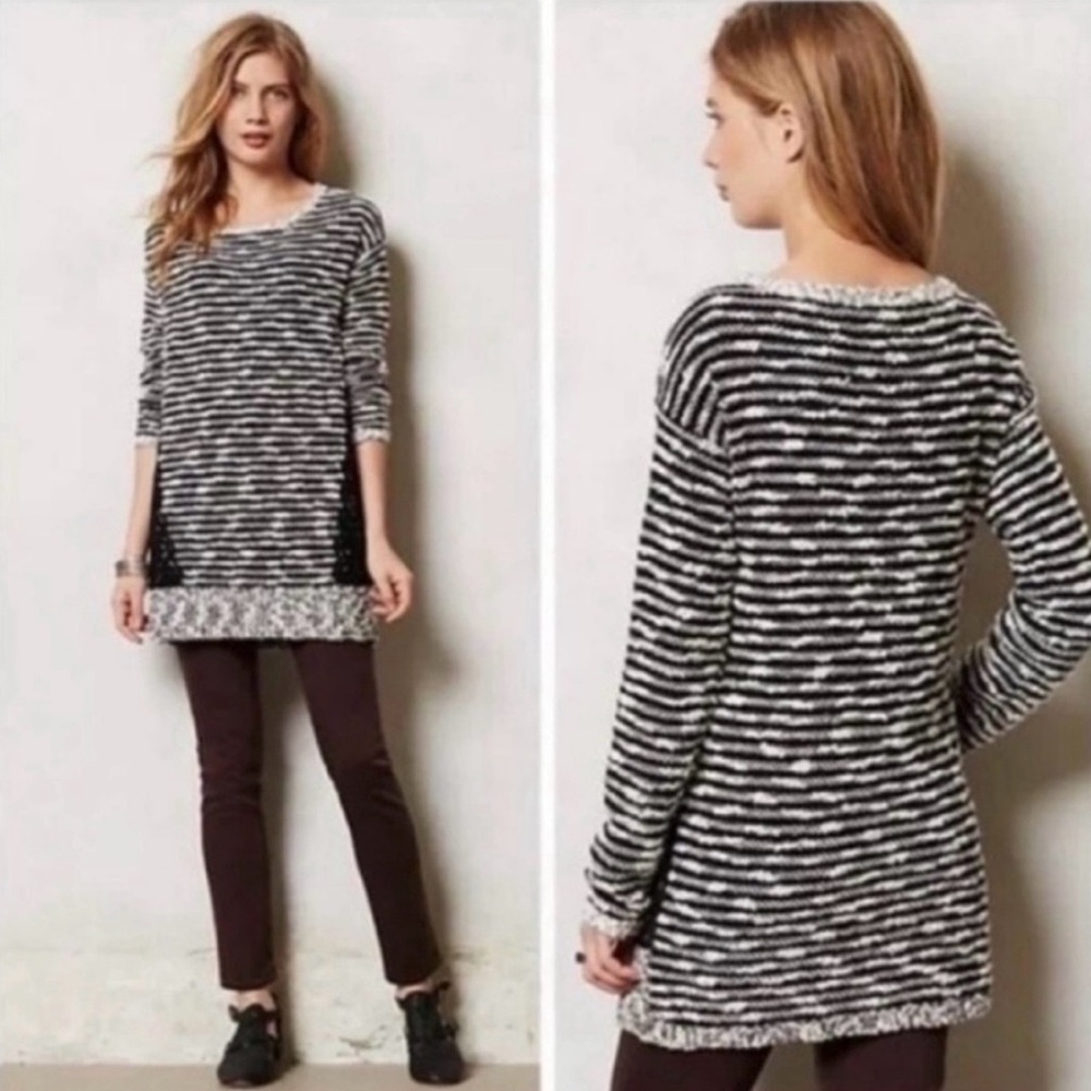 ANTHROPOLOGIE MOTH Black White Striped Textured Chunky Lace Detail Sweater Large